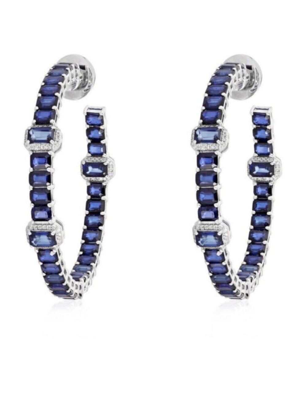 Sapphire Emerald Cut 14K (or 18k upon request) White Gold Hoop Earrings